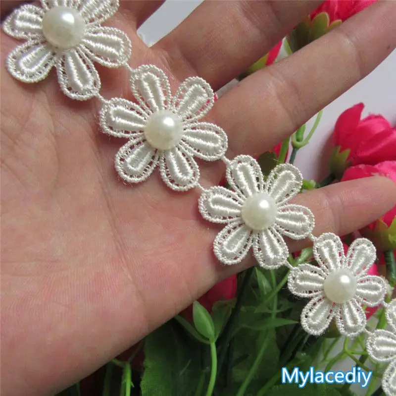 1 yard Pearl Beaded Flower Embroidered Lace Edge Trim Ribbon Floral Applique Patches Fabric Sewing Craft Vintage Wedding Dress | Дом и сад