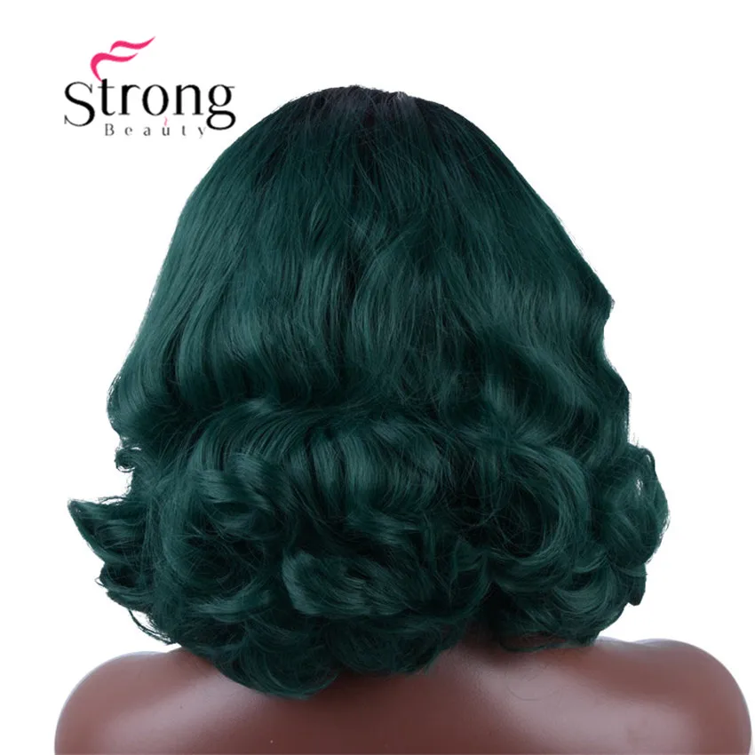 StrongBeauty Ombre черный до зеленый короткий синтетический парик на кружеве натуральные волнистые термостойкие для женщин выбор цвета
