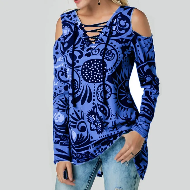 

Spring Female T-shirt Slim V-neck Print Long-sleeved Top Eyelet Straps Off-shoulder Tees Women Autumn Casual Large size T-shirts