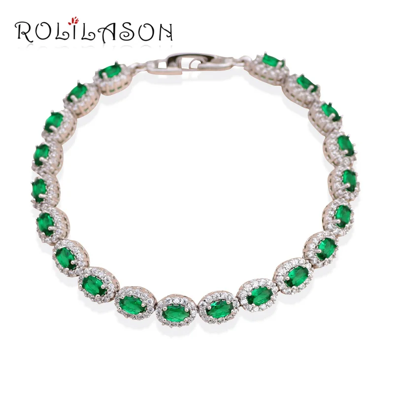 

ROLILASON Lowest Price crystal Jewelry Green Crystal Charm Bracelets Silver Cubic Zircon Fashion Jewelry for Women TB998