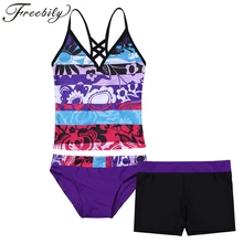 Детский купальник-танкини с цветочным принтом для девочек, купальный костюм, комплект из топа с шортами для плавания, серфинга и отдыха