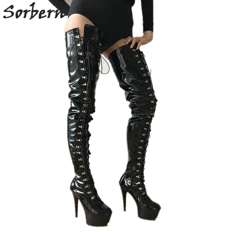 shiny black platform boots