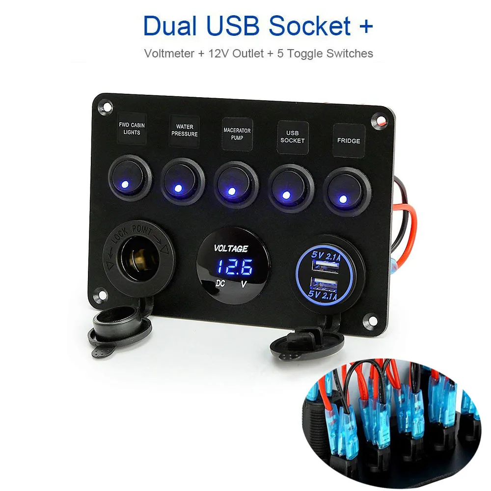 

5 Gang Waterproof Boat Marine Switch Panel 12V Power Outlet Circuit Breaker Rocker Switch Panel with Dual Car USB Charger Socket