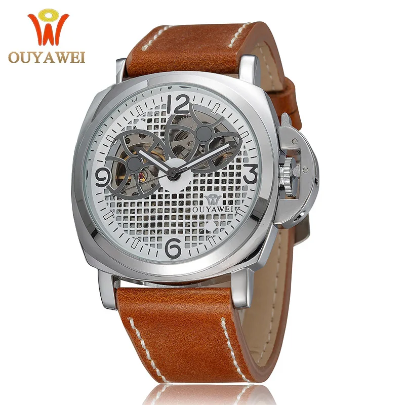 

Men Automatic Mechanical Watches Black Leather Clock With Skeleton Dial Military Style Men Watch OUYAWEI Luxury Brand