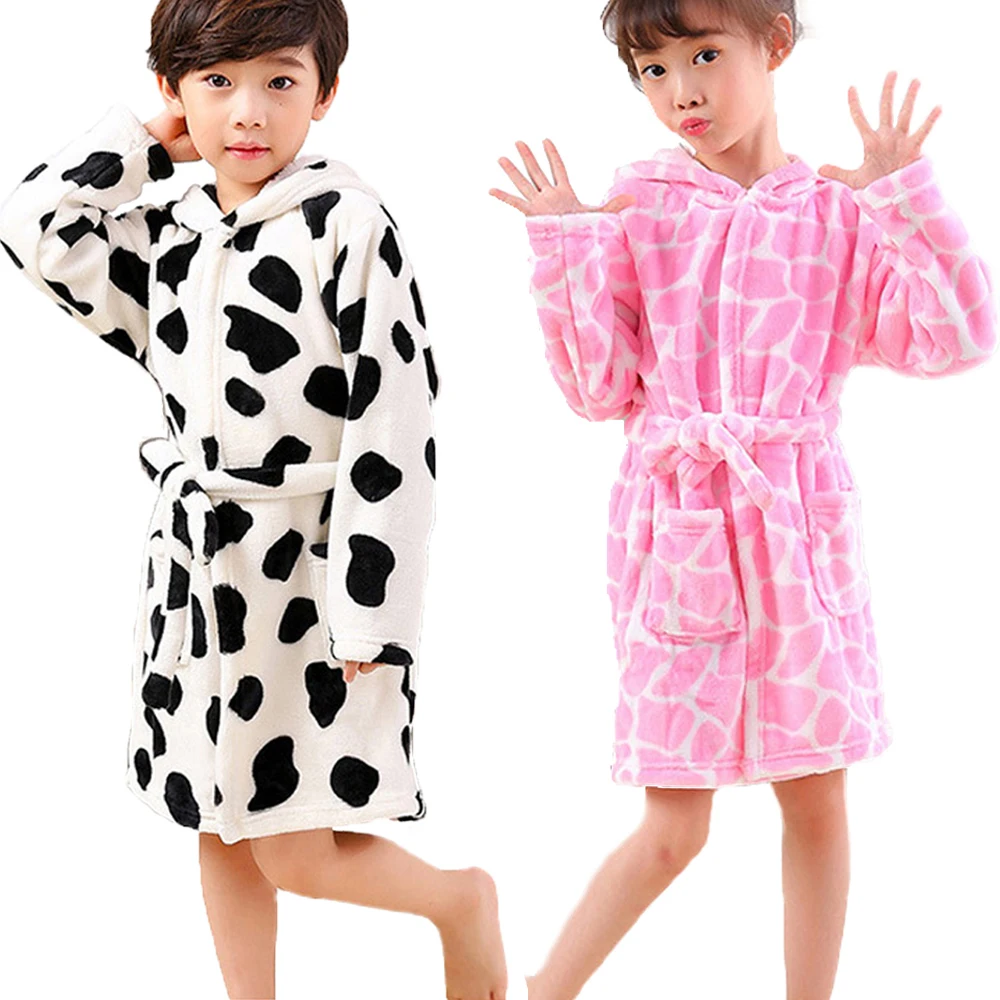Kids Boys Girls Hooded Bathrobe Flannel Sleeve Pajamas Cartoon Animal Belt Sleepwear Autumn Winter Warm Housecoat with Pocket