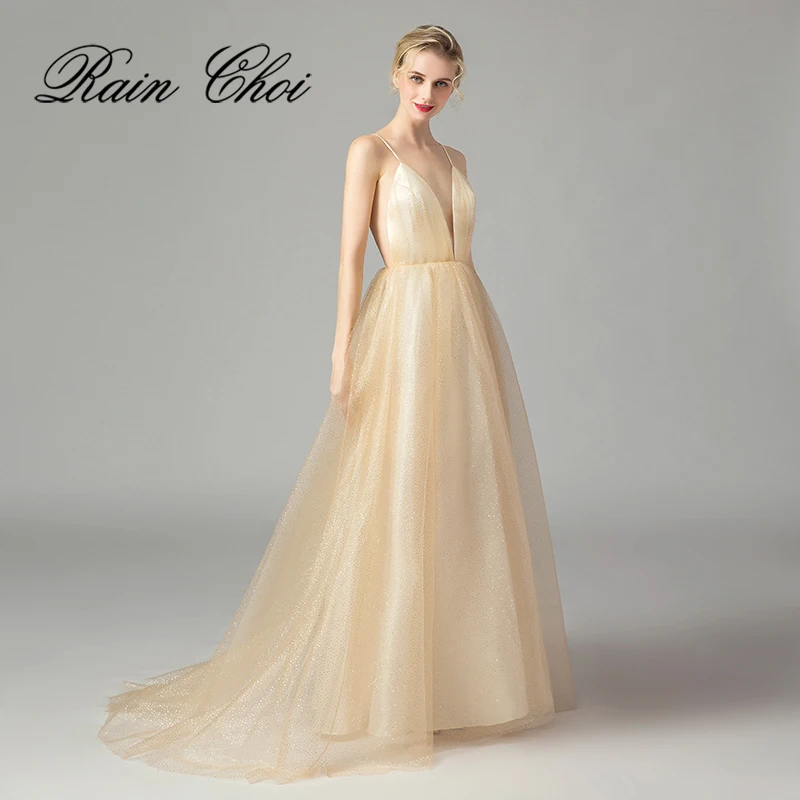 

Sexy Evening Dress 2019 Backless Evening Gown Champagne Tulle A line Long Formal Dress