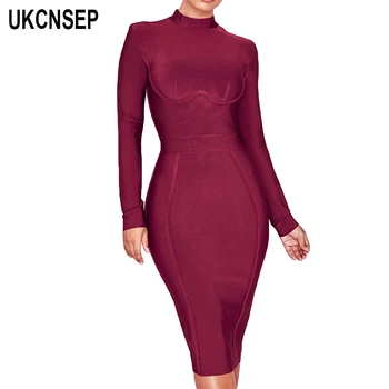 

2020 New Bandage Dress Long Sleeve Turtleneck Party Dress Rayon Sheath Women Dress Winter Dress Vestidos