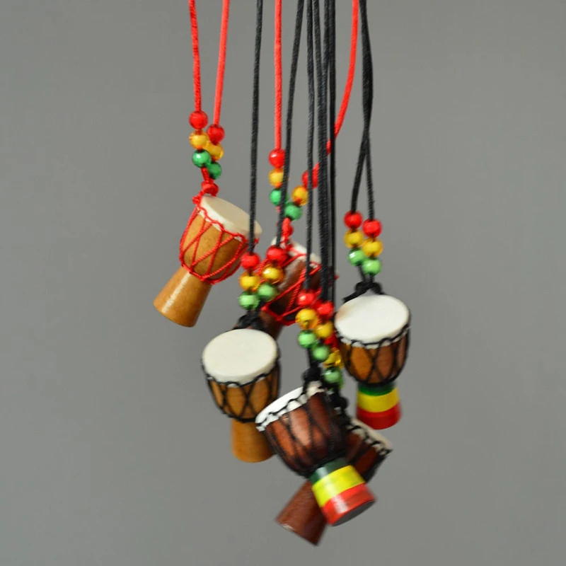 Fashion ethnic women men creative wood djembe mini african drum pendant necklace jewelry sweater chain pendants