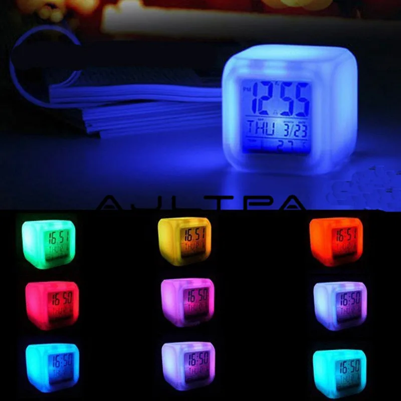 

100Pcs Digital Alarm Clock Color Change Multi-function Projection Clock Square LED Watch Glowing Thermometer Desktop Clock Cube