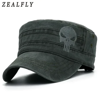 

Embroidery Skull Flat Top Mens Washed Caps Outdoor Sports Baseball Cap Vintage Army Hat Brand Adjustable Peaked Visor Hats