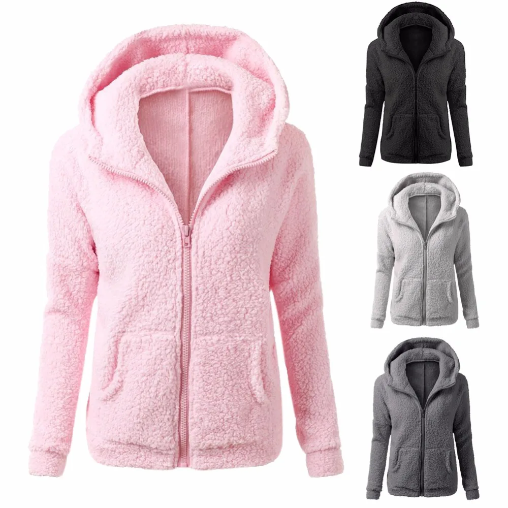 remarkable  Women Solid Color Coat Thicken Soft Fleece Winter Autumn Warm Jacket Hooded Zipper Overcoat Female 