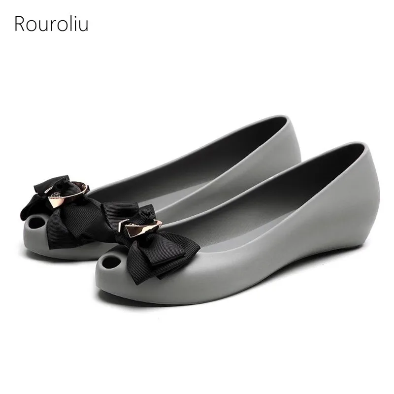 

Rouroliu Women Bowknot Jelly Shoes Ladies Summer Breathable Peep Toe Casual Shoes Woman Slip-On Flats FR98