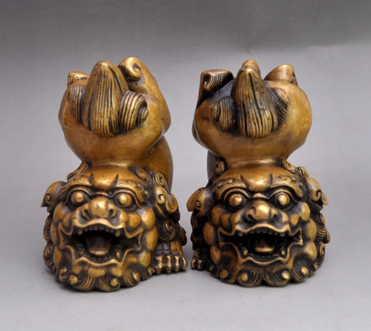 

Chinese Royal FengShui Copper Bronze Naughty Lovely Foo Dog Lion statue Pair a 0518
