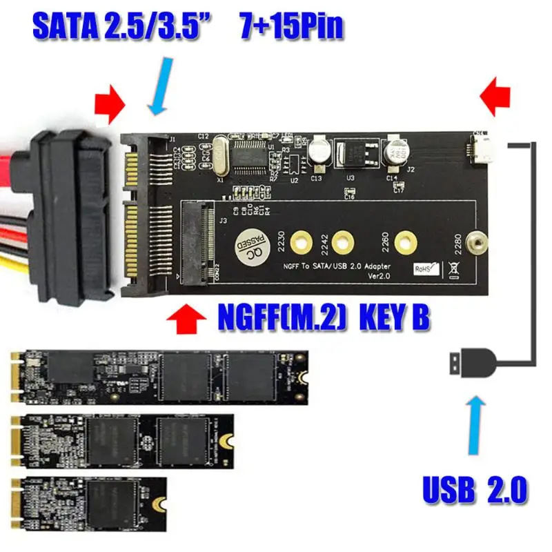 B+ M Key Socket M.2 NGFF(SATA) SSD до 2,5 дюймов SATA адаптер карта со светодиодный индикатор NGFF M.2 to SATA Connverter Card Kit
