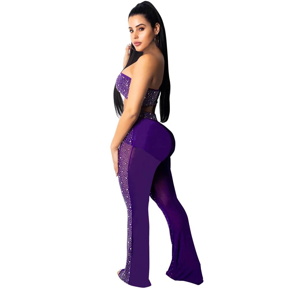 Two Pieces Set Sexy Rompers Women Bodycon Jumpsuit Sheer Mesh Diamonds Rhinestone Off Shoulder Skinny Club Bodysuit Overalls