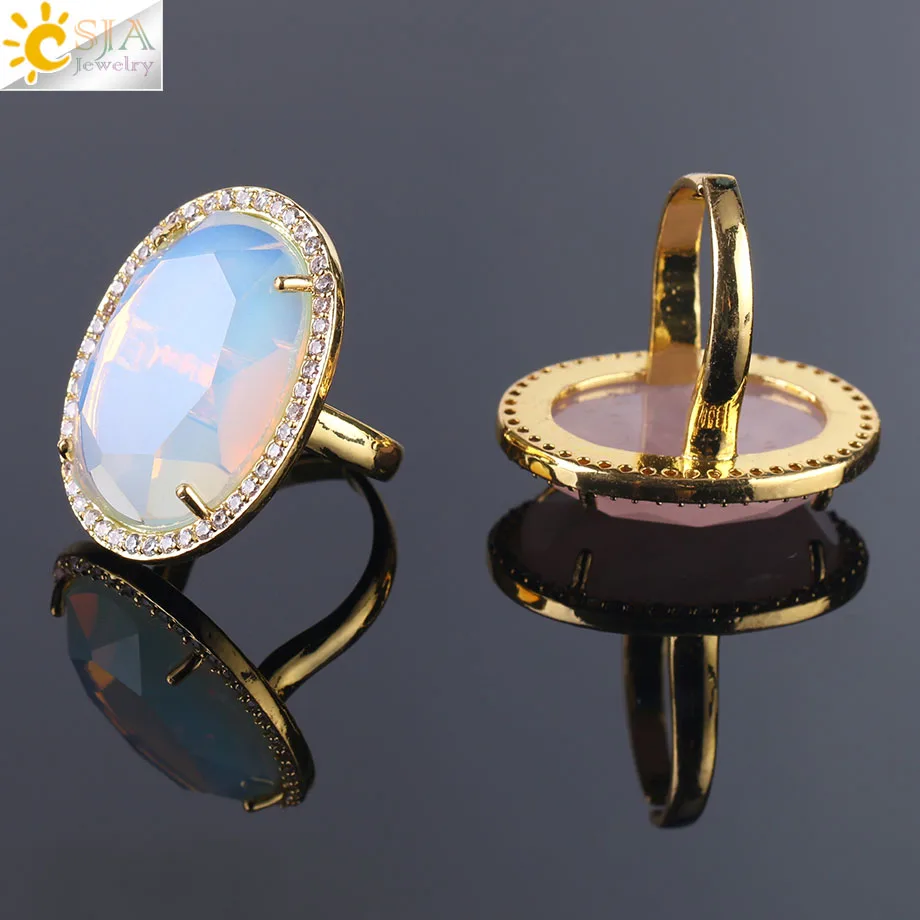 CSJA натуральный камень граненый открытие регулируемое кольцо позолоченный кристалл CZ Циркон Стразы Кольца для мужчин и женщин Подарки F458