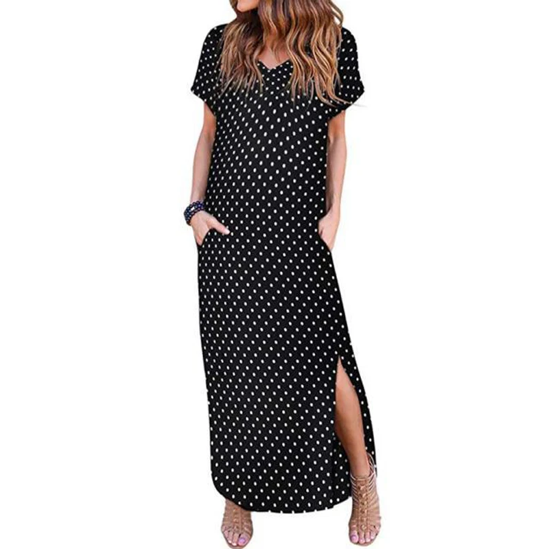 

Large Size Summer Dot V Neck Short Sleeves Long Casual Dress Women Loose Pockets Maxi Dress Bohemian Split Plus Size Sundress