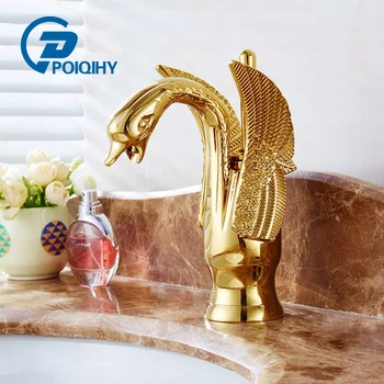 

Golden Bathroom Basin Faucet Stylish Bird Elegant Crane Deck Mounted Single Handle Single Hole Cold and Hot Water Mixer Tap