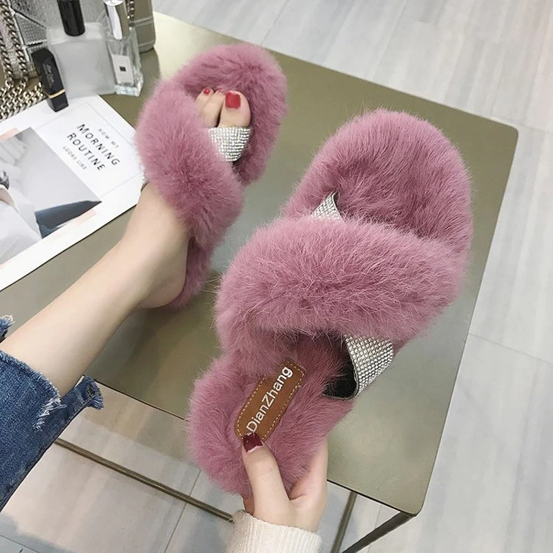diseño de las niñas Rosa zapatillas bling cristal ostentoso Chanclas Mujer acogedor peludo desliza mujer Cruz banda sandalias s452|Zapatillas| - AliExpress