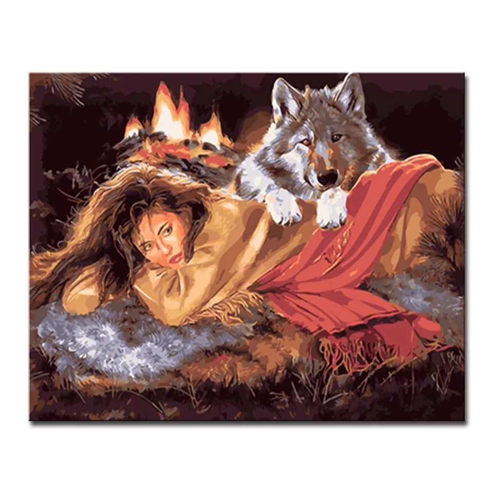 

Frame Oil Painting By Numbers DIY Handpainted Girls And Wolves Pictures On Canvas Home Decor Wall Art Abstract Scenery Drawing