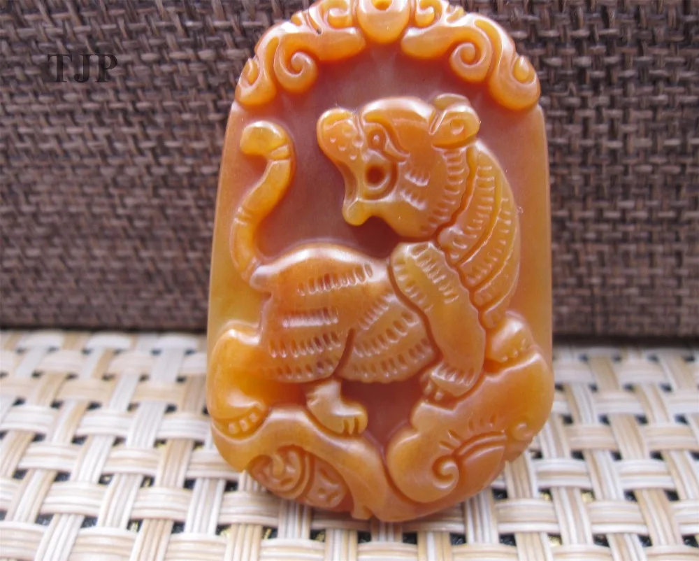 

natural HUANGLONG jade isabelline carven lucky Chinese tiger pendant with certificate together jade pendant