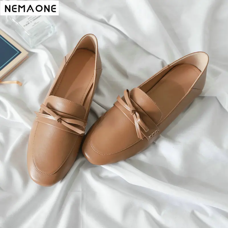 

NEMAONE Butterfly-Knot Summer Women Leather Shoes Woman Flat Flexible Round Toe Nurse Casual Fashion Loafer
