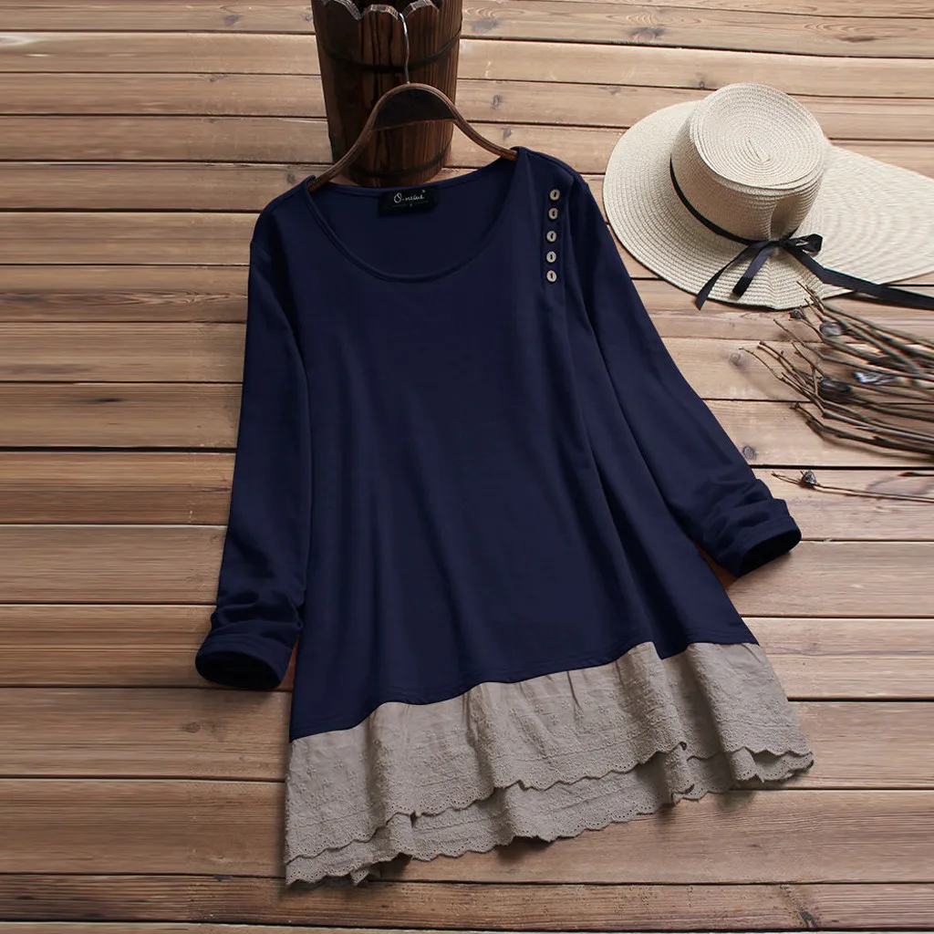 

Fashion Womens Blouses O-Neck Solid Color Lace Patchwork Long Sleeve Tops Blouse Plus Size Blusas Feminina Ladies Blouse #CK