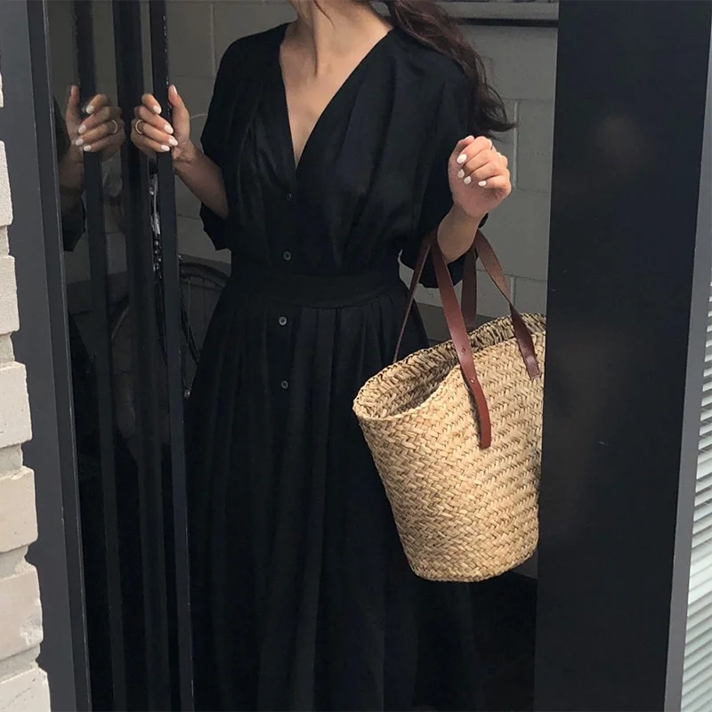 

V Neck Pleated Slim Women Long Dresses Full Sleeve Solid Black Solid Ladies Dress Fashion Summer Vintage Korean Female Vestidos