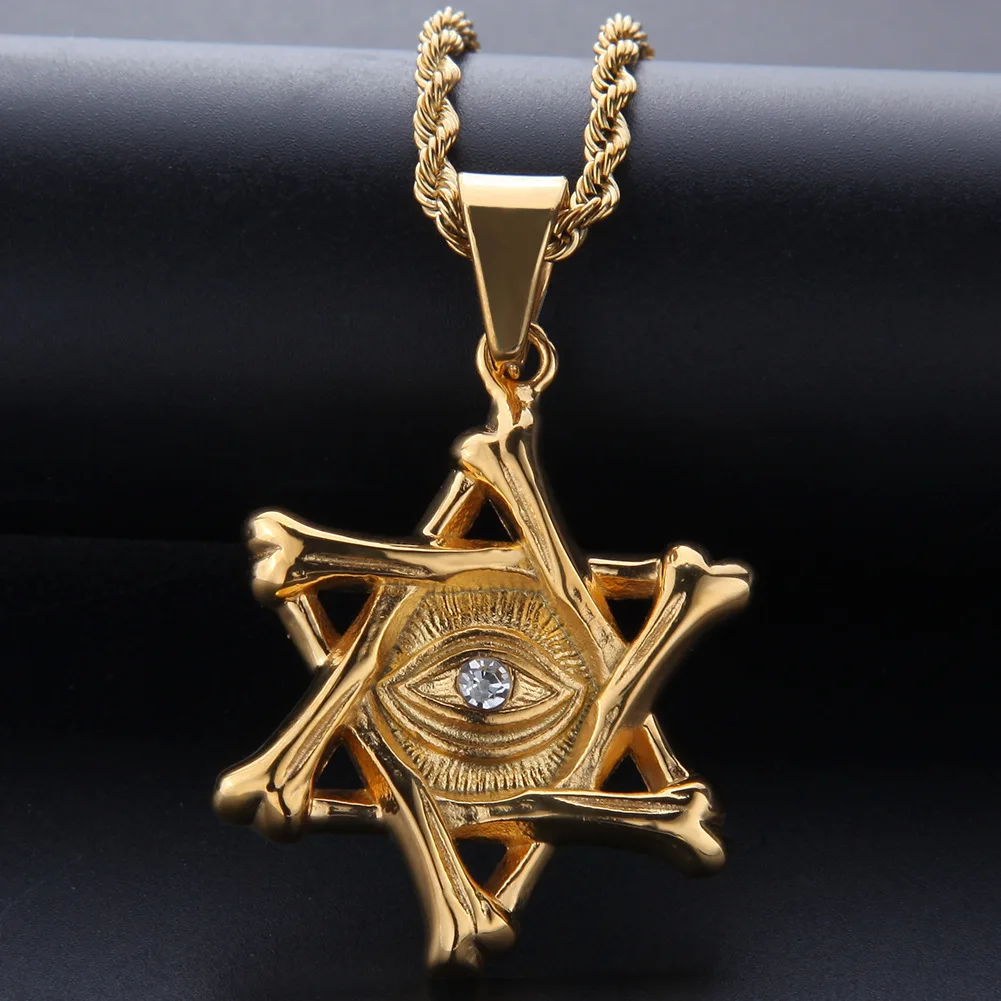 

Stainless Steel Gold Bling Judaism Mogen David Pendant Long Chain Hip Hop Religion Necklace for Man Women Fashion Jewelry 2019