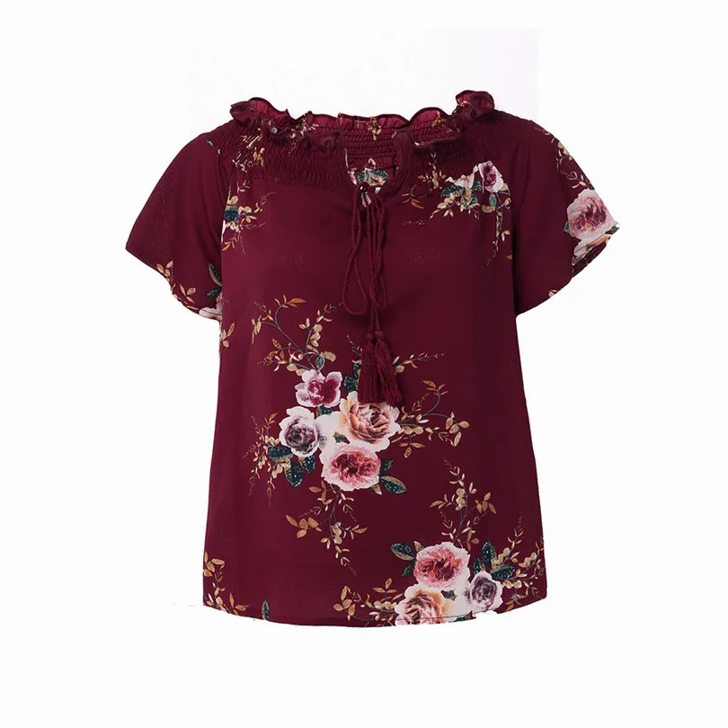 New Fashion Women Summer Casual Daily Plus Size Slash Neck Off Shoulder Floral Print Tassel Ribbons Top #4F05 (8)