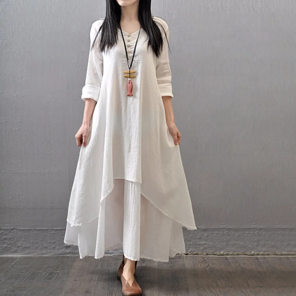 

2017 Women Casual Solid Autumn Dress Loose Full Sleeve V Neck Button Dress Cotton Linen Bohemian Long Maxi Dress Vestidos