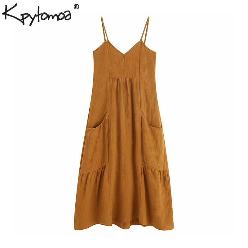 

Vintage Stylish Soft Touch Pockets Midi Dress Women 2019 Fashion Backless Adjustable Straps Beach Dresses Casual Vestidos Mujer