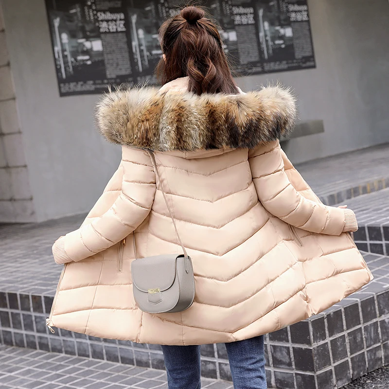 

2019 winter jacket women casual slim long large fur collar female jacket down cotton Hooded warm Coat parka plus size 3XL