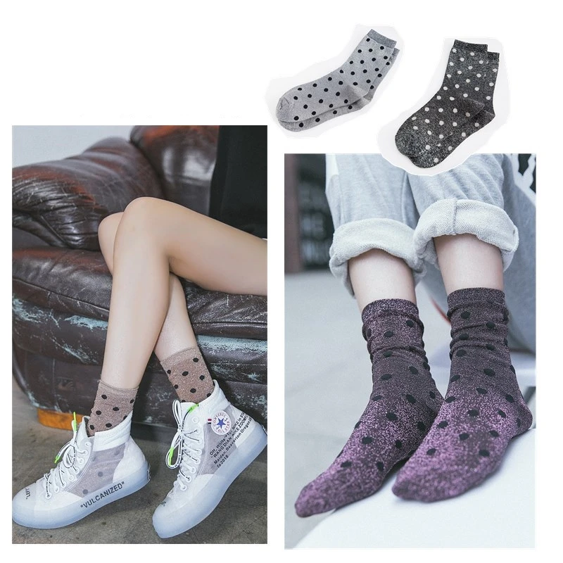 

Women Socks Fashion Casual Breathable Dots Silver Wire Cotton Color Cute Women Fashion Lady Socks 1 Pair Korean Style
