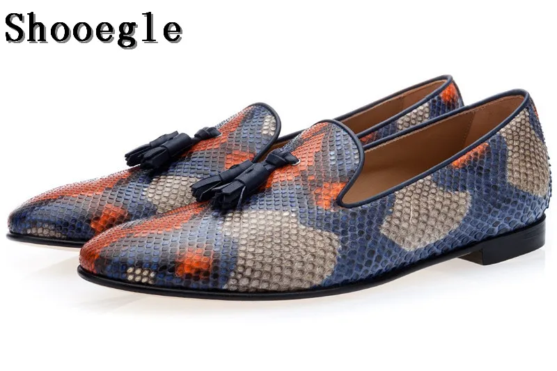 

SHOOEGLE Mens Snakeskin Leather Casual Shoes Luxury Tassel Colorful Leather Slip on Business Dress Loafers Man Career Work Shoe