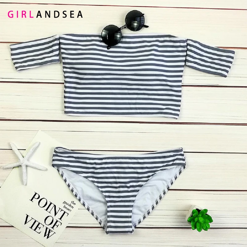 

GIRLANDSEA New 2019 Low-waisted Bikini Set Striped Swimsuit