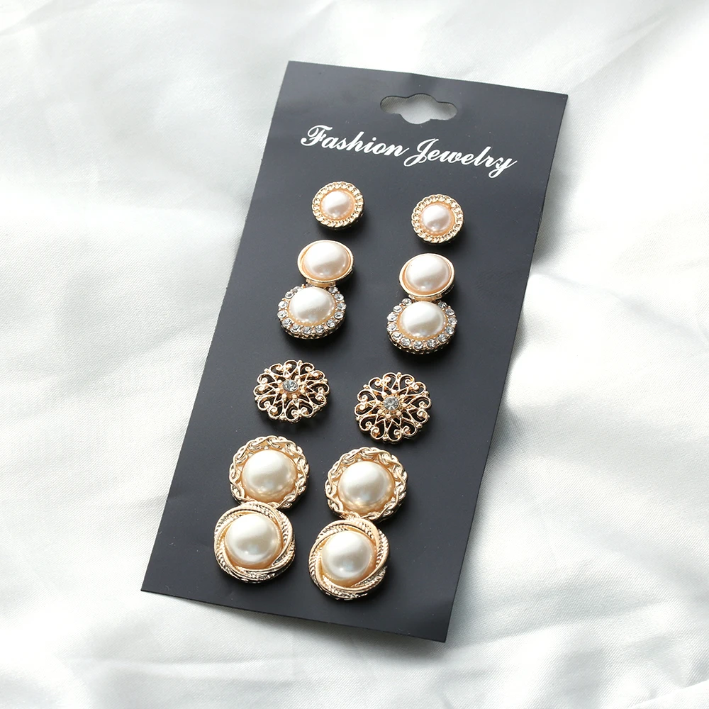 6 Pairs Fashion Crystal Rhinestones Flower Pearl Earrings Ear Stud Jewelry Zircon Pearl Crystal Rhinestones Nice Romantic Gift