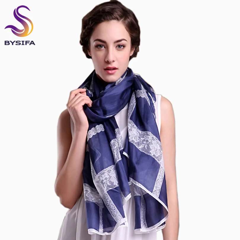 

[BYSIFA] Ultralarge Spring Autumn Silk Scarf Wraps Brand Female Long Scarf Cape Fashion New Design Lace Pattern Blue Silk Scarf