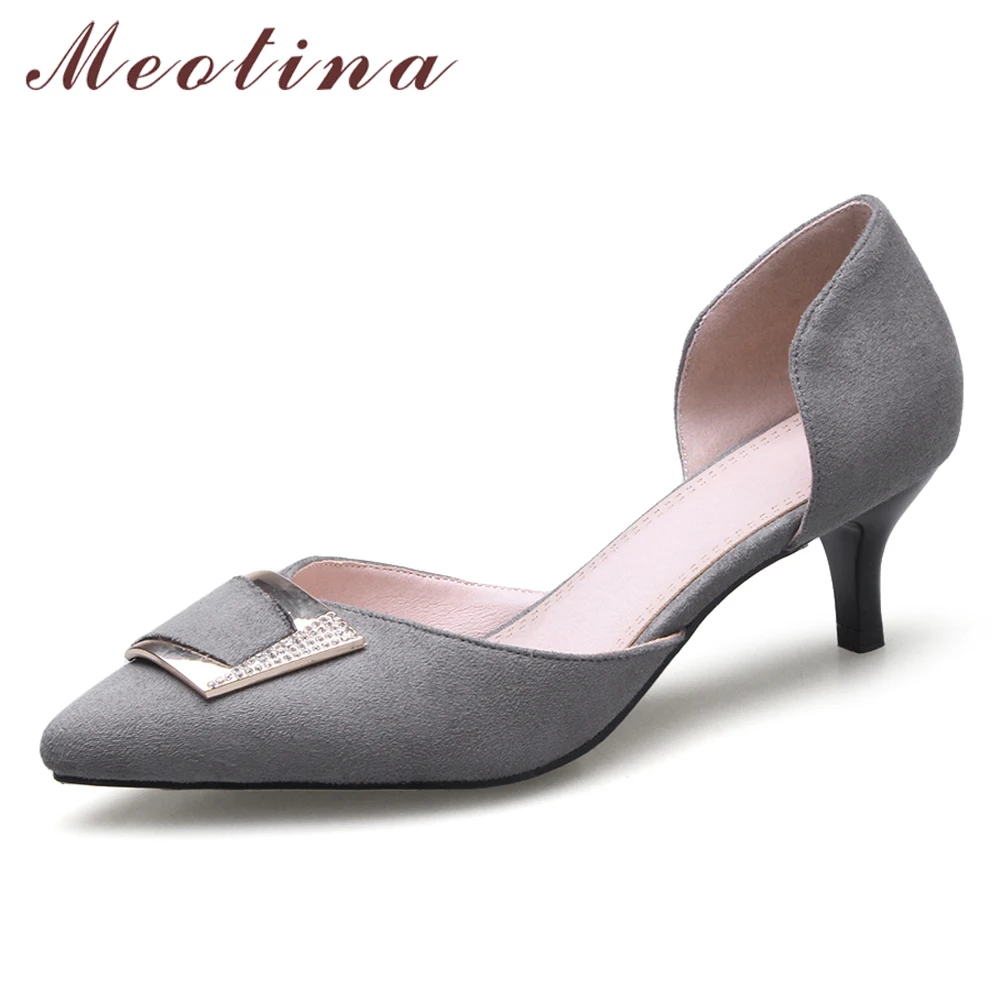 

Meotina Thin High Heels Two Piece Shoes Women Buckle Med Heel Party Pumps Crystal Pointed Toe Ladies Shoes Gray Large Size 33-43