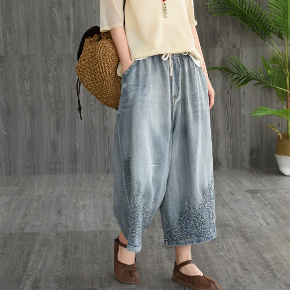 

Spring Summer Jeans Women Retro Loose Casual Denim Pants New Ladies Elastic Waist pocket Embroidery Scratched Bleached Trousers