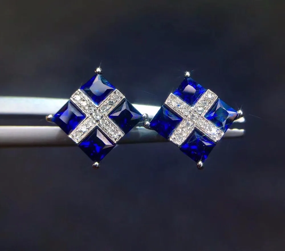 

Fine Jewelry Collection Real 18K White Gold AU750 100% Natural Royal Blue Sapphire Gemstones Origin Stud Earrings for Women
