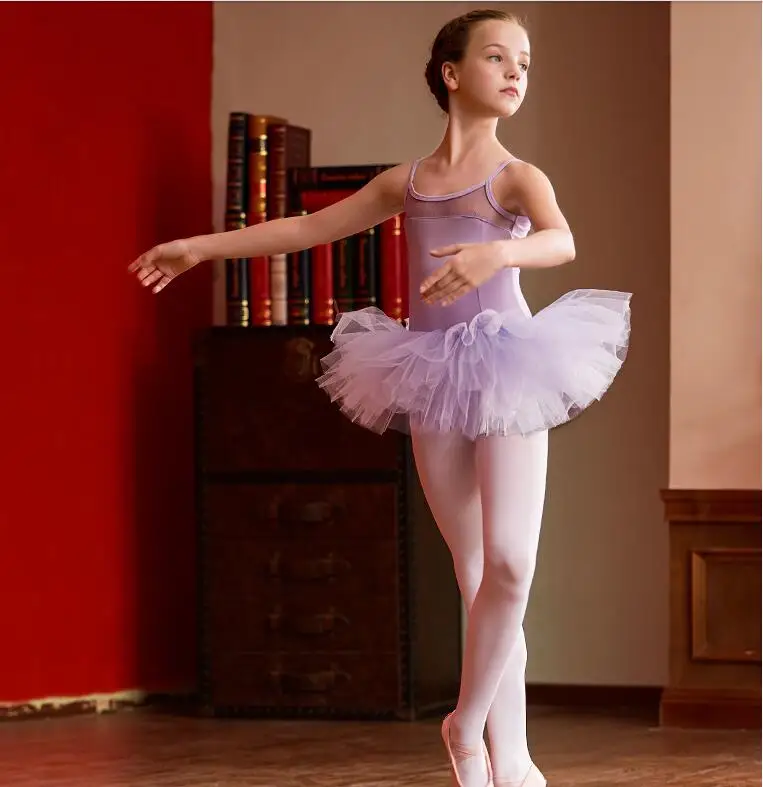 Для девочек; с юбкой балетное, гимнастическое трико платье для танцев 4 Слои юбка-пачка с украшением в виде бантика розового и фиолетового цветов