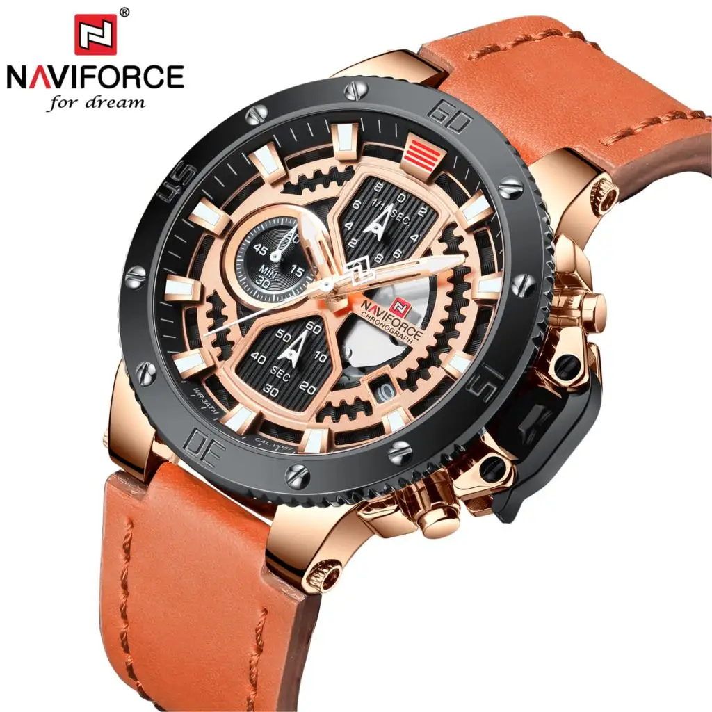 NAVIFORCE часы мужские модные спортивные кварцевые кожа Топ бренд класса люкс золото