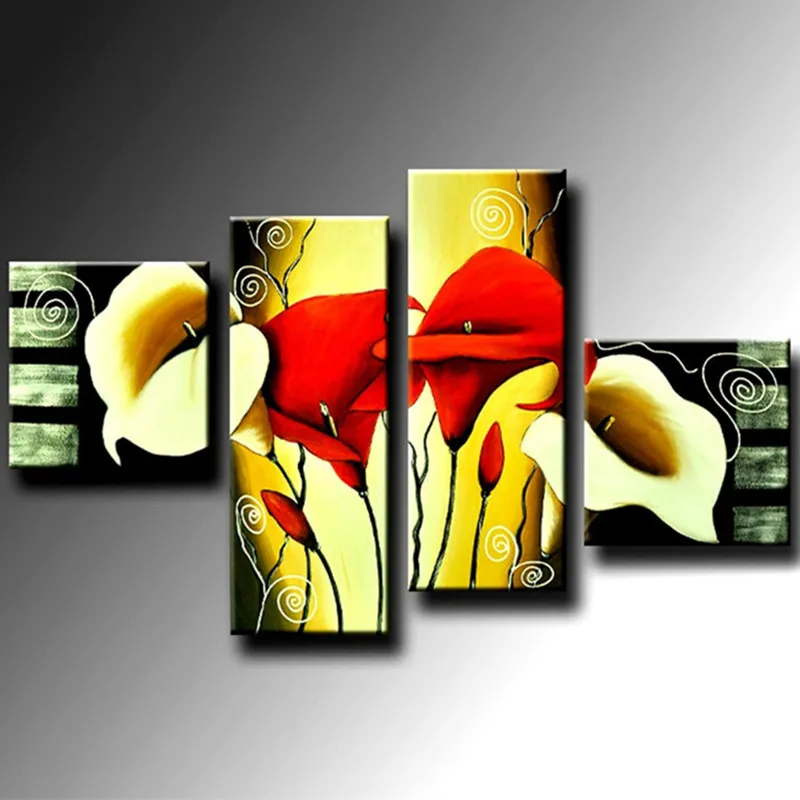

Handmade Floral Paintings on Canvas Handpainted Abstract Red Lily Flower Oil Painting Large 4 Piece Pictures Home Decor Wall Art