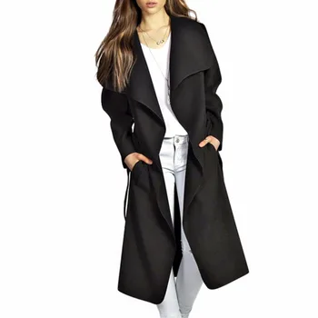 

2XL Fashion Slim Solid Color Large Lapel Knee-length Female Pocket Coats 2018 Spring Autumn British style Women's Trench Coat