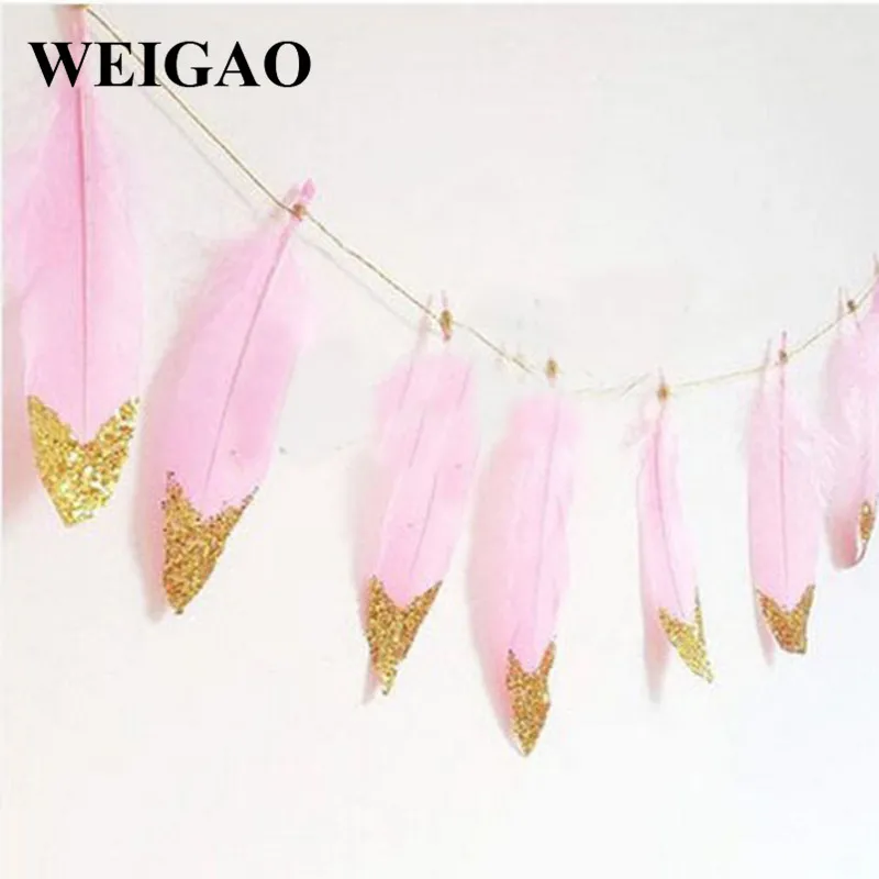 

WEIGAO 13pc/set 2M White/pink Feather Buntings With Gold Glitter Powders Garlands Banner Wedding Decoration Girls Room Ornaments