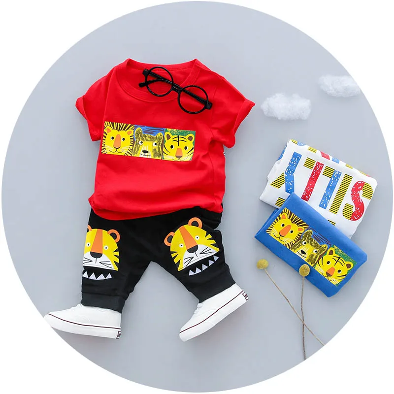 

Baby Boy Clothes Set 1-3y Summer New Fashion Style Cotton O-Neck Lion Tiger Print White Red 18019 Children Boys Clothing Suit
