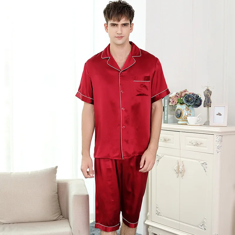 Man's Genuine Silk Pajamas Summer Short Sleeve Sleepwear Male 100% Silkworm Silk Pyjama Sets Solid Color T9004