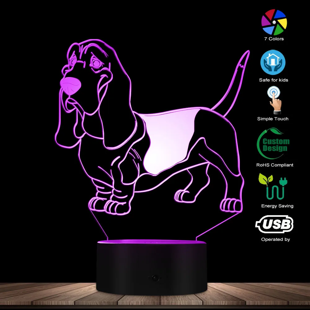 Basset Hound Mood Lighting 3D Optical illusion Light USB Modern Night Lamp Dog Animal Glowing LED Home Decor Pug Desk | Лампы и
