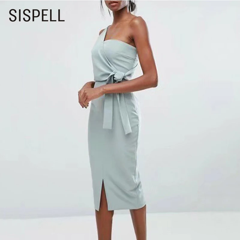 SISPELL Party Bodycon Dresses Sexy Sleeveless One-Shoulder Lace Up Slim Summer Midi Dress Female Split Solid Top Elegent New 